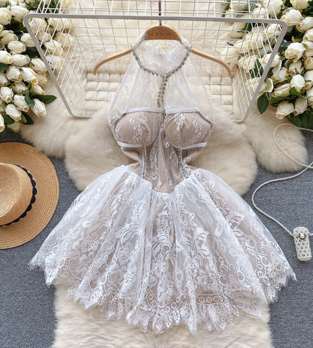 French Vintage 2023 Summer New White Sleeveless Diamond Lace Hanging Neck Short Dress Sexy Club Off Shoulder Party Mini Dresses