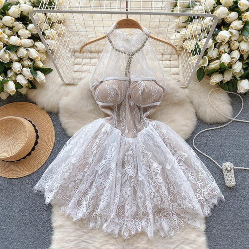 Load image into Gallery viewer, French Vintage 2023 Summer New White Sleeveless Diamond Lace Hanging Neck Short Dress Sexy Club Off Shoulder Party Mini Dresses
