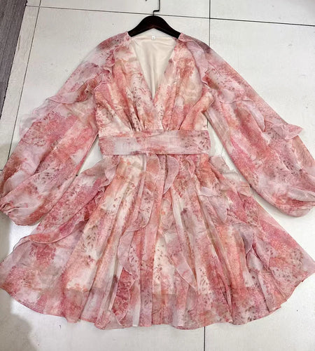 Hit Color Loose Elegant Dresses For Women V Neck Long Sleeve High Waist Temperament Mini Dress Female Fashion Style