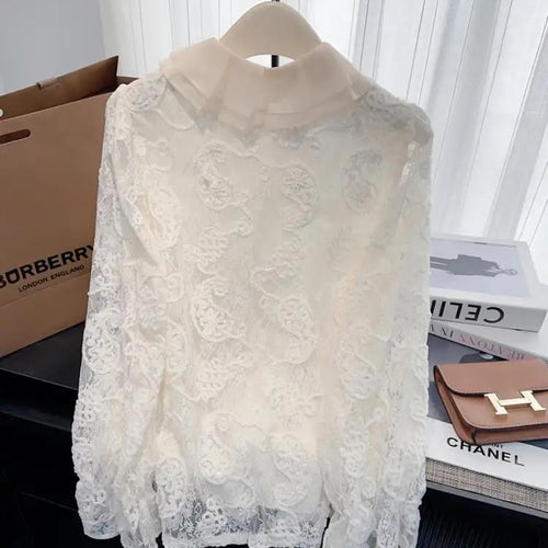 Load image into Gallery viewer, French Vintage Women White Lace Elegant Long Sleeve Shirt 2024 New Autumn Winter Single Breasted Ruffle Edge Slim Blouse Tops
