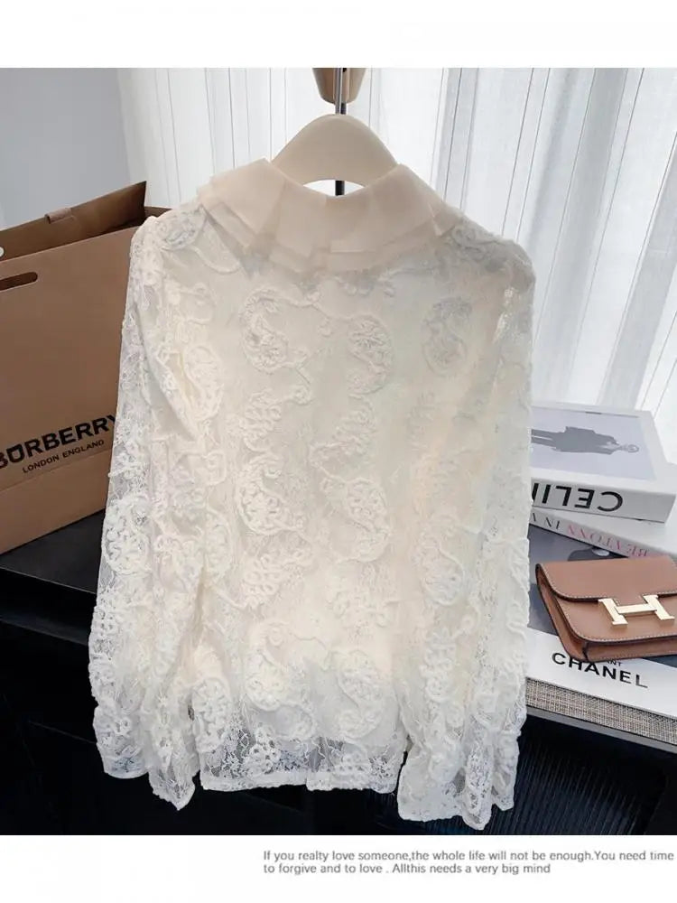 French Vintage Women White Lace Elegant Long Sleeve Shirt 2024 New Autumn Winter Single Breasted Ruffle Edge Slim Blouse Tops