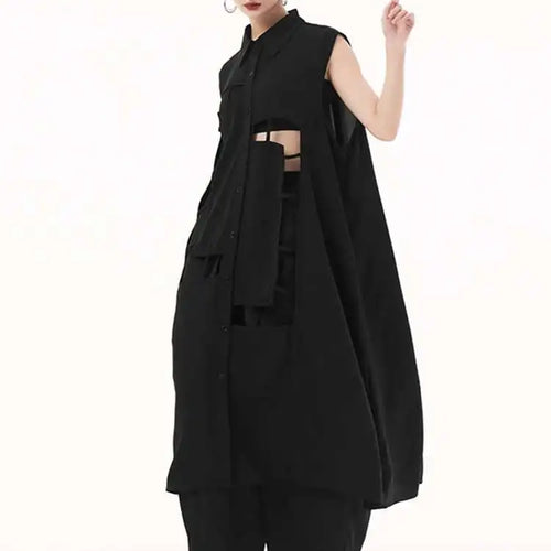 Load image into Gallery viewer, Women Army Green Hollow Out Big Size Midi Casual Dress New Lapel Sleeveless Fashion Tide Spring Summer 2025 1DH9512
