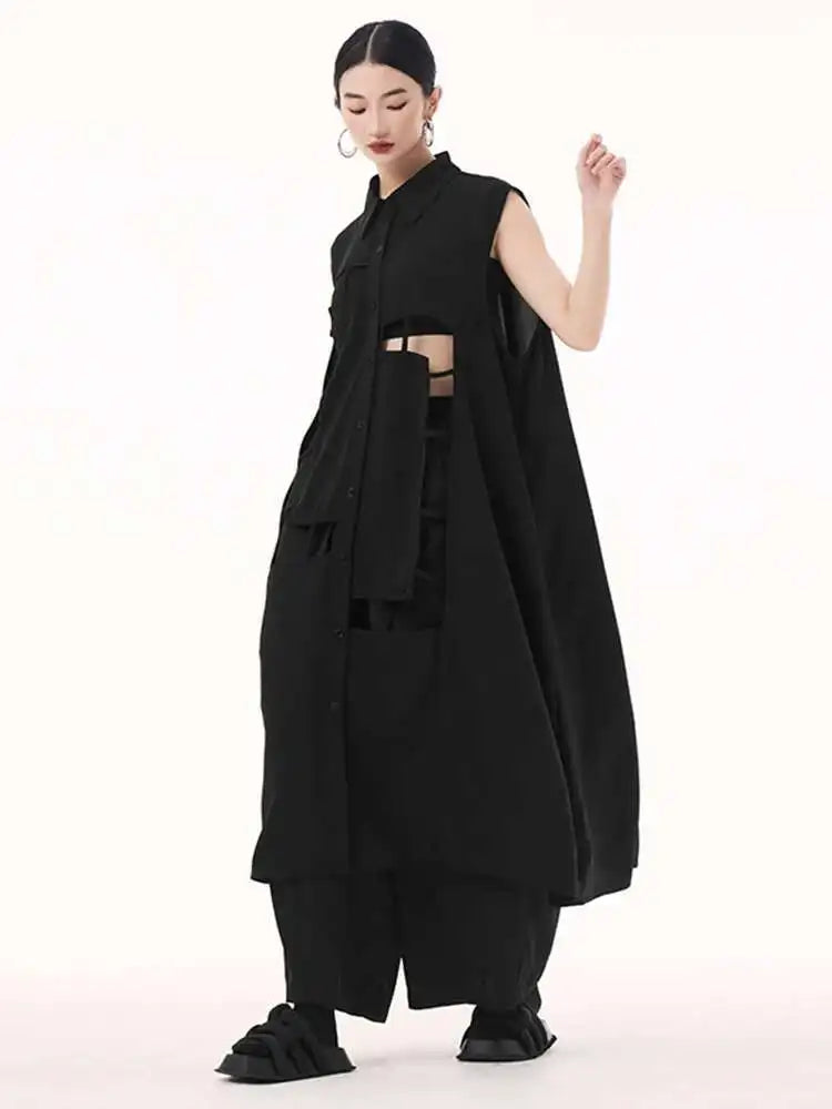 Women Army Green Hollow Out Big Size Midi Casual Dress New Lapel Sleeveless Fashion Tide Spring Summer 2025 1DH9512