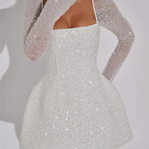 Load image into Gallery viewer, Sequins Long Sleeve Backless Sexy Mini Dress Women Robe Fashion Sparkle Lace-up High Waist A-line Club Dress Vestido
