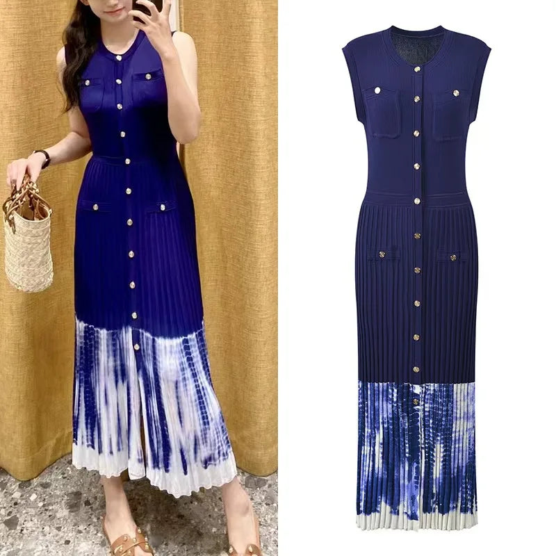 Korean Black Blue Print Patchwork Sleeveless Single Breasted Knitted Dress Women's Summer Red Elegant Round Neck Slim Long Dress