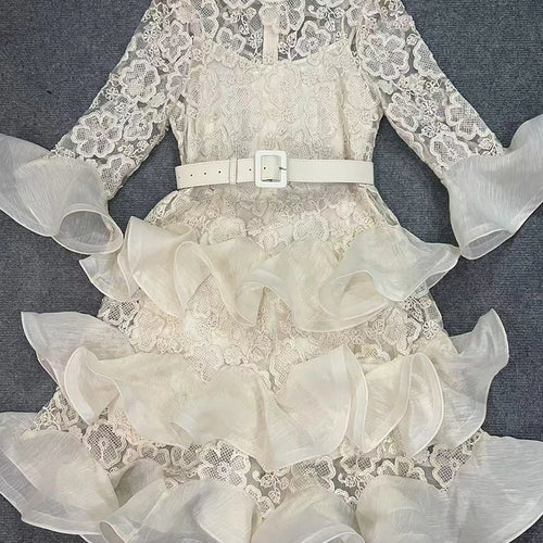 Load image into Gallery viewer, Solid Sheer Spliced Embroidery Dresses for Women Round Neck Half Sleeves Patchwork Ruffles Folds Dress Female New
