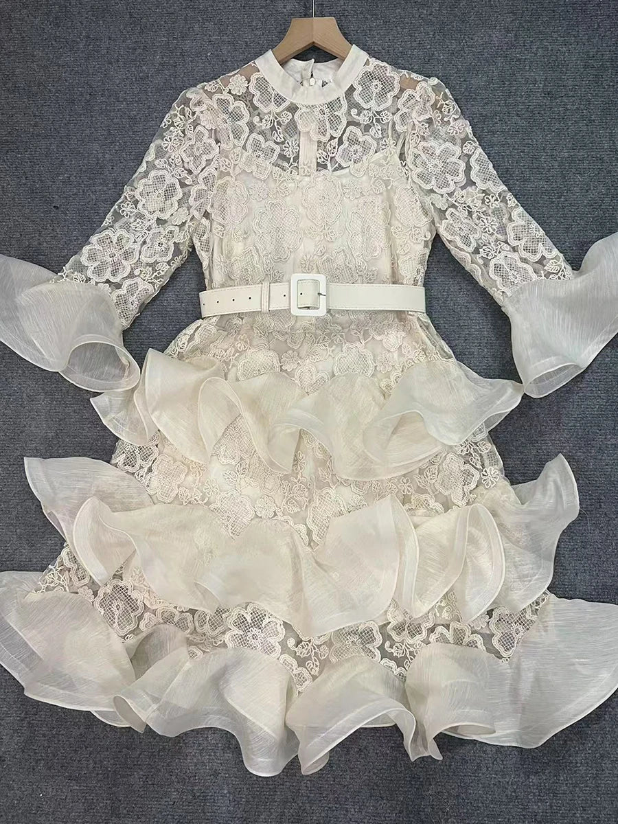 Solid Sheer Spliced Embroidery Dresses for Women Round Neck Half Sleeves Patchwork Ruffles Folds Dress Female New