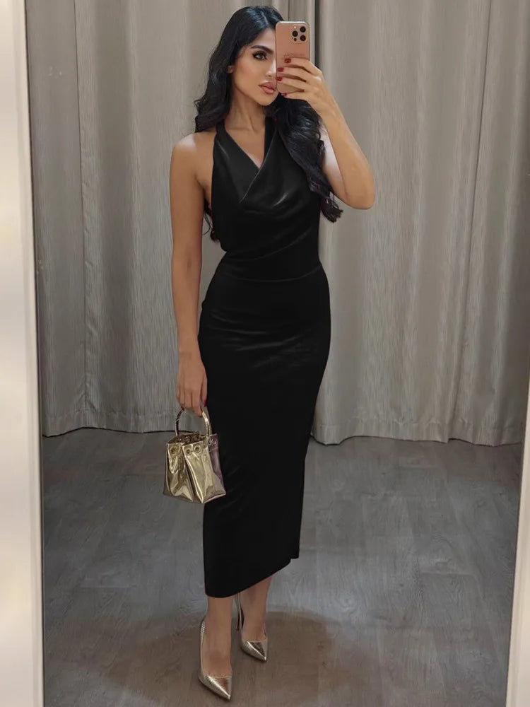 Halter Backless Sexy Maxi Dress For Women Gown Fashion Lace-up Deep V Neck Sleeveless Bodycon Split Long Dress Elegant