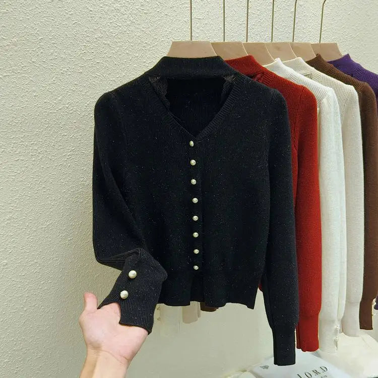Autumn Winter Solid Lace Hollow Out Single Breasted Velvet Sweater Korean Fashion Women Warm Knitwear Long Sleeve Pullovers Tops
