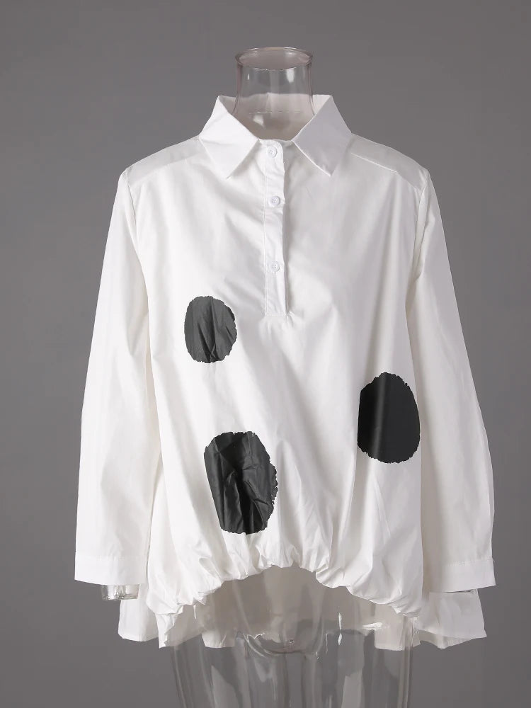 Women Black Color-block Dot Big Size Blouse New Lapel Long Sleeve Large Hem Shirt Fashion Tide Spring Autumn 2025 1DH4274