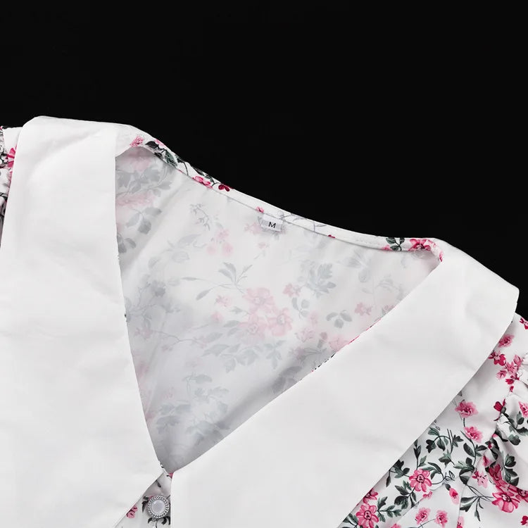 Short Sleeve Floral Mini Dress For Women Robe Turn-down Collar Elegant French Dress Ladies Fashion High Waist Dresses