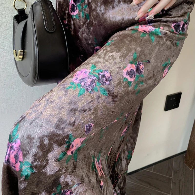 Retro Brown Floral Elegant Party Long Skirt Black Print Elastic High Waist Velvet Skirts Autumn Winter All-match Fashion Women