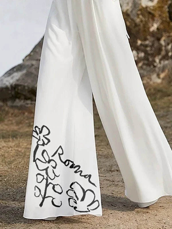 Summer White Pant Jumpsuits for Women Flower Print Pleated Pockets Half Sleeves Deep V-Neck Jumpsuits for Ladies