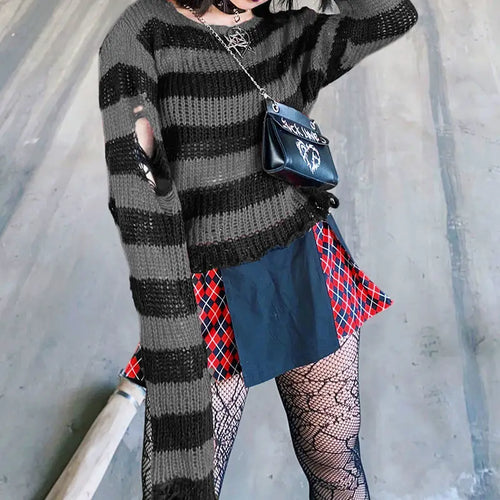 Load image into Gallery viewer, Striped Women's Crop Sweater Punk Streetwear Korean Style Hole Thin Knitted  Gothic Long Sleeve Y2k Pullover
