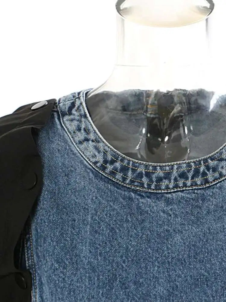 Women Blue Denim Button Many Ways Wear Dress New Round Neck Long Sleeve Loose Fit Fashion Tide Spring Autumn 2025 17A8518