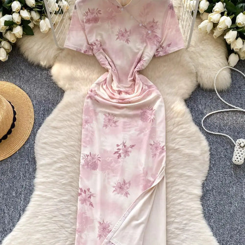 Load image into Gallery viewer, Chinese Style Women Pink Flower Elegant Cheongsam Evening Long Dress 2025 Summer New Short Sleeved Pleated Split Dress Bohemian
