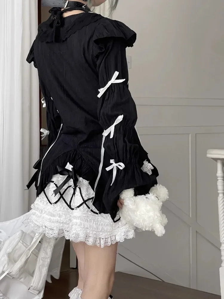 Kawaii Lolita Shirt Cute Girls Bandage School Student Print GrungeSpring Autumn Gothic Goth Y2k Harajuku Blouses