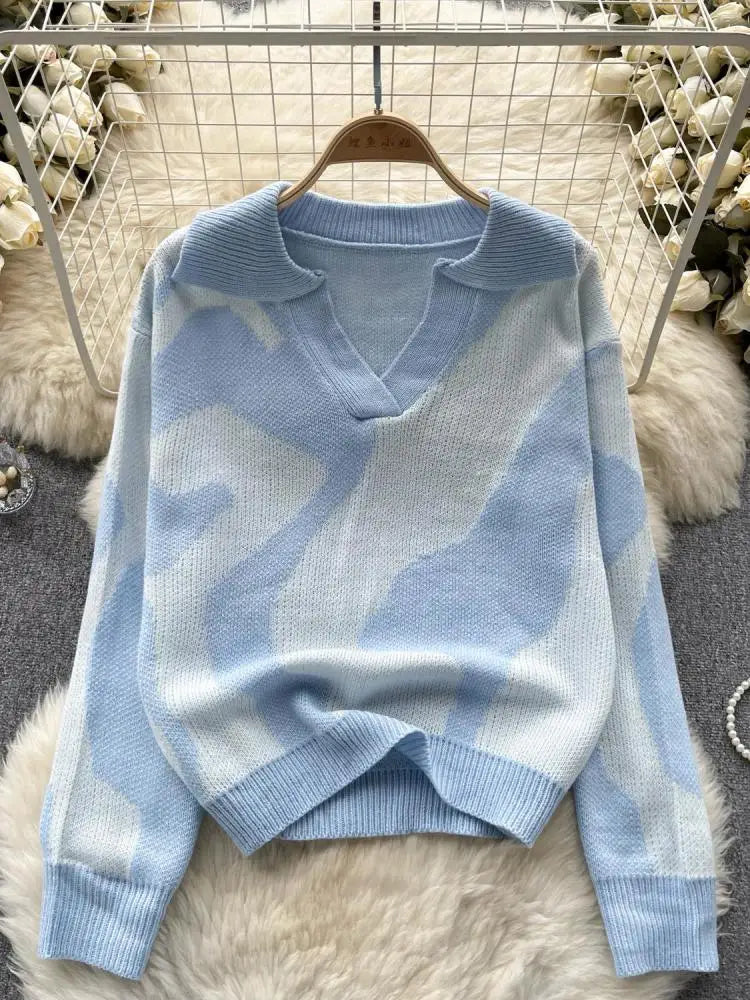 Korean Long Sleeved Patchwork Office Crochet Sweater For Women Autumn Winter Holiday Knit Pullover Tops Fashion Casual Popular