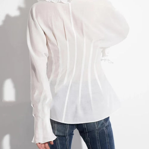 Load image into Gallery viewer, Slimming Sheer Spliced Fungus Folds Shirts for Women V Neck Long Sleeves Patchwork Single Breasted Shirt Female New
