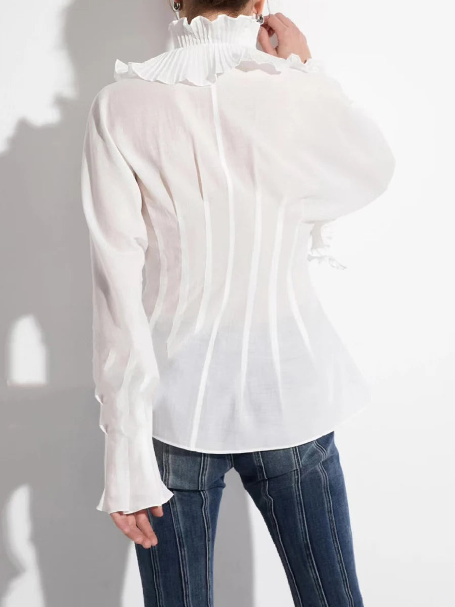 Slimming Sheer Spliced Fungus Folds Shirts for Women V Neck Long Sleeves Patchwork Single Breasted Shirt Female New