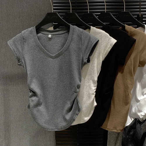 Load image into Gallery viewer, Summer Solid V Neck Pullover Irregular Pleated T Shirt Women Short Sleeved Holiday Tops 2024 Korean Fashion Simplicity Clothing
