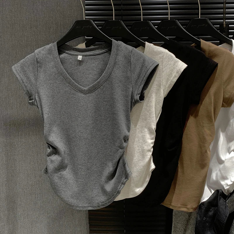 Summer Solid V Neck Pullover Irregular Pleated T Shirt Women Short Sleeved Holiday Tops 2024 Korean Fashion Simplicity Clothing