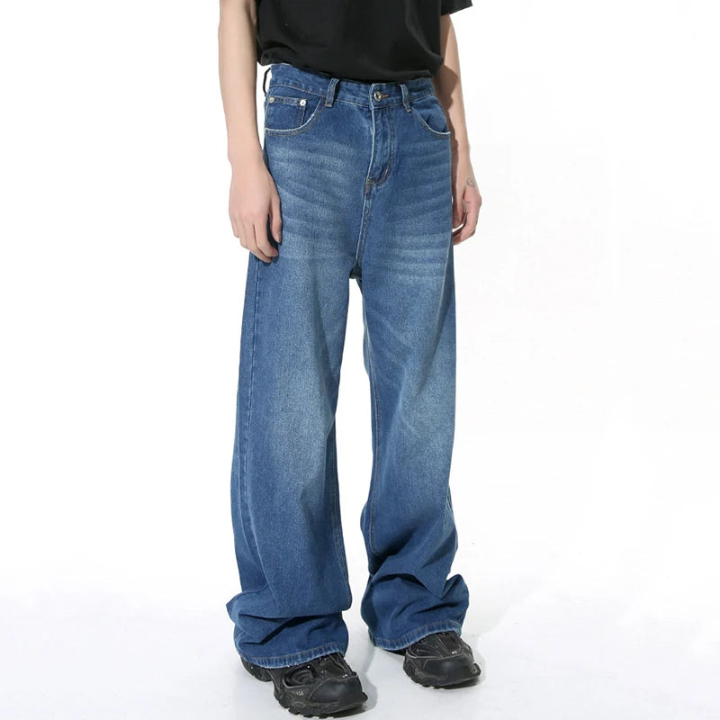 Men's Straight Jeans American Style Gradient Color Button Pockets Male Wide Leg Denim Pants Casual Spring Chic 9C4510