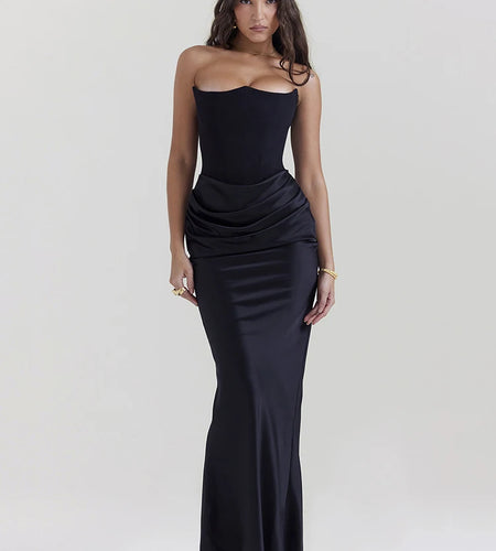 Elegant Strapless Bodycon Sexy Maxi Dress Women Black Fashion Off-shoulder Sleeveless Backless Club Party Long Dress