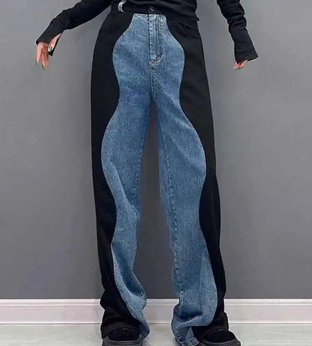 High Elastic Waist Black Color-block Denim Long Wide Leg Pants New Trousers Women Fashion Tide Spring Autumn 2025 1DH4642