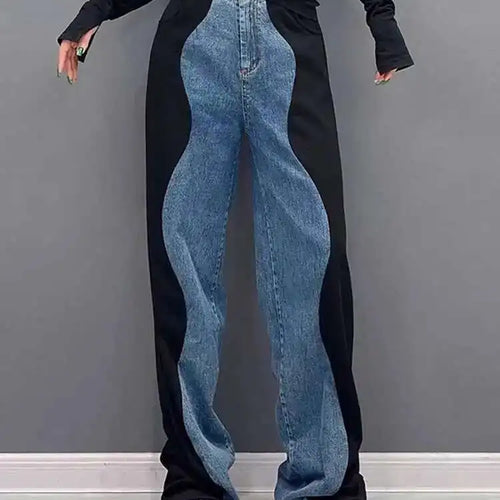 Load image into Gallery viewer, High Elastic Waist Black Color-block Denim Long Wide Leg Pants New Trousers Women Fashion Tide Spring Autumn 2025 1DH4642
