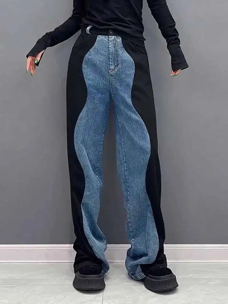 High Elastic Waist Black Color-block Denim Long Wide Leg Pants New Trousers Women Fashion Tide Spring Autumn 2025 1DH4642