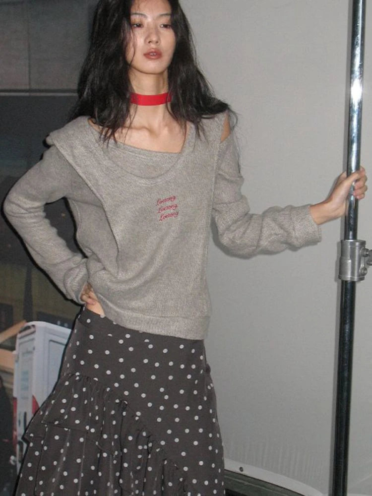 Y2k Aesthetic Fake Two Pieces Pullovers Harajuku Autumn Vintage Grunge Jumpers Letter Embroidery Loose Casual Sweaters Women Top