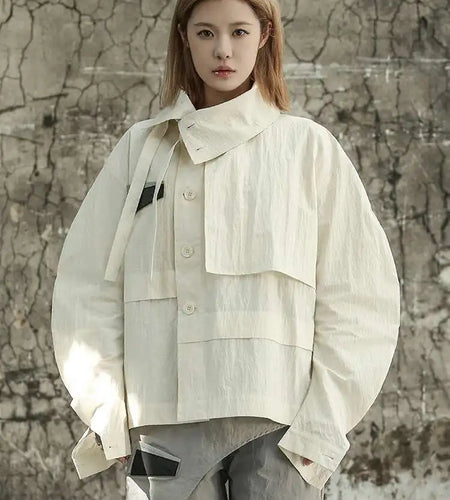 Beige Loose Fit Irregular Color-block Jacket New Stand Collar Long Sleeve Women Coat Fashion Spring Autumn 2025 1DF6811