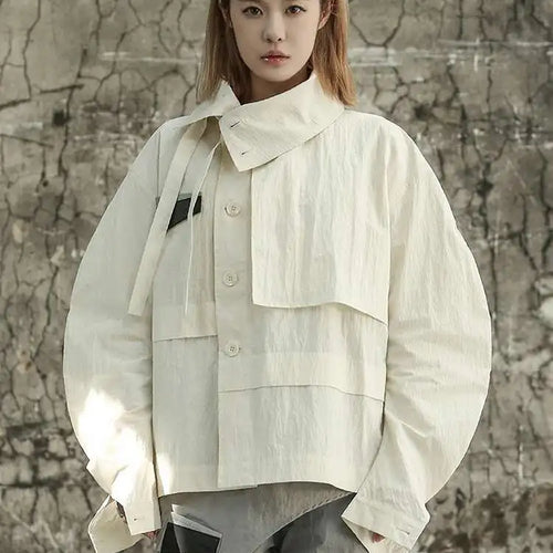 Load image into Gallery viewer, Beige Loose Fit Irregular Color-block Jacket New Stand Collar Long Sleeve Women Coat Fashion Spring Autumn 2025 1DF6811
