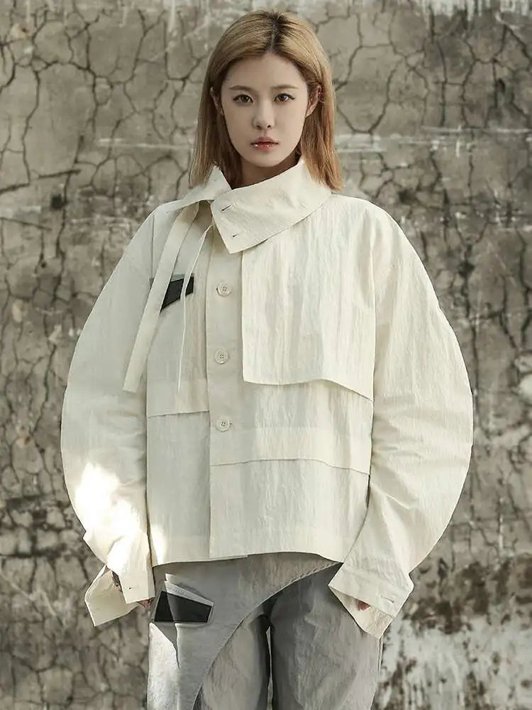 Beige Loose Fit Irregular Color-block Jacket New Stand Collar Long Sleeve Women Coat Fashion Spring Autumn 2025 1DF6811