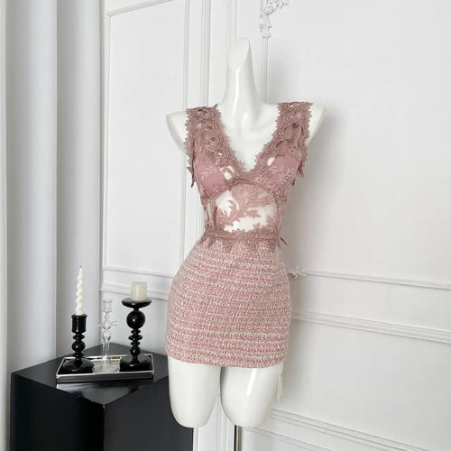 Load image into Gallery viewer, Summer Khaki Patchwork Lace Party Vest Short Dress Women Pink Embroidered Sleeveless V Neck Sexy Club Wrapped Hip Mini Dress New
