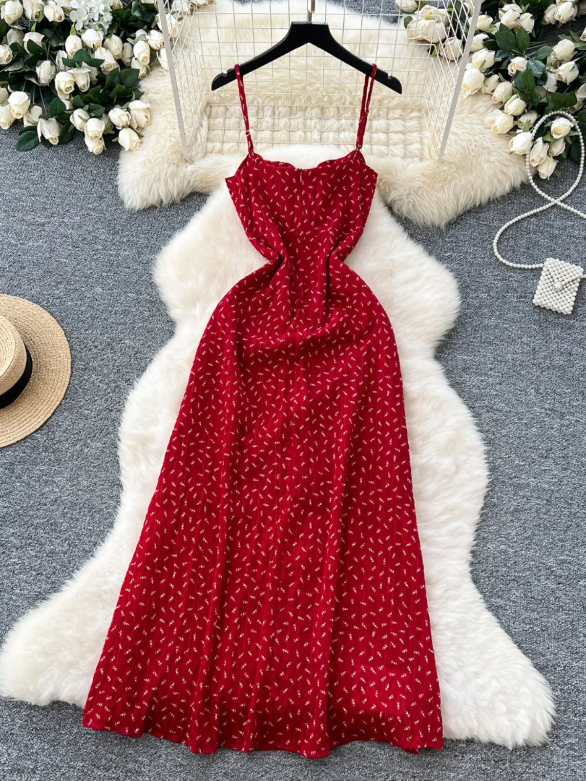 French Women Red Print Elegant Slim Lace-up Slip Long Dress 2025 Summer New Retro Sleeveless Holiday Party Dress Fashion Popular