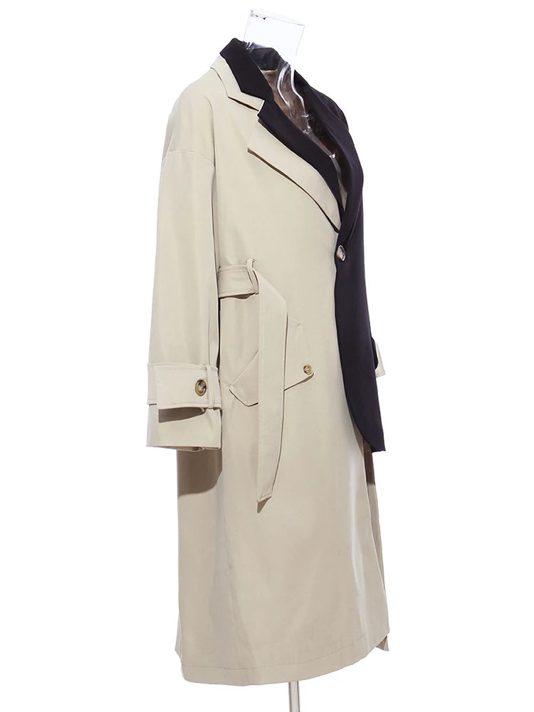 Women Khaki Big Size Asymmetrical Trench New Lapel Long Sleeve Loose Fit Windbreaker Fashion Spring Autumn 2025 1K912