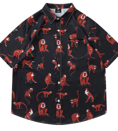 Harajuku Hawaiian Shirts Cartoon Monkey Graphic Printed Blouse Men Summer Casual Baggy Short Sleeve Button Up Beach Shirt Tops
