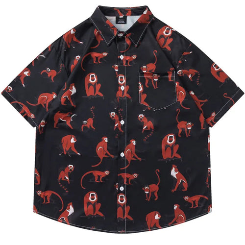 Harajuku Hawaiian Shirts Cartoon Monkey Graphic Printed Blouse Men Summer Casual Baggy Short Sleeve Button Up Beach Shirt Tops