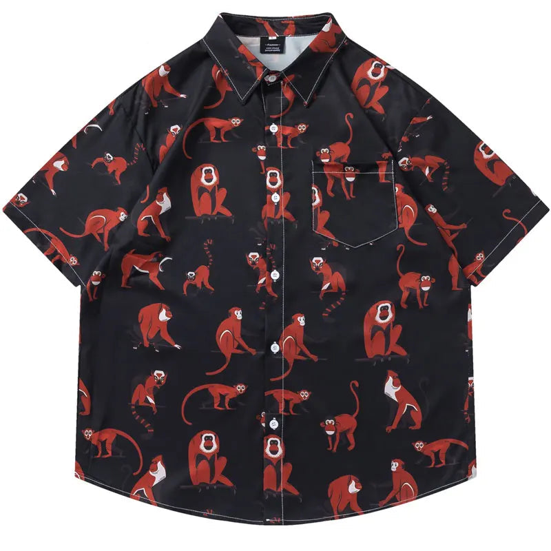 Harajuku Hawaiian Shirts Cartoon Monkey Graphic Printed Blouse Men Summer Casual Baggy Short Sleeve Button Up Beach Shirt Tops