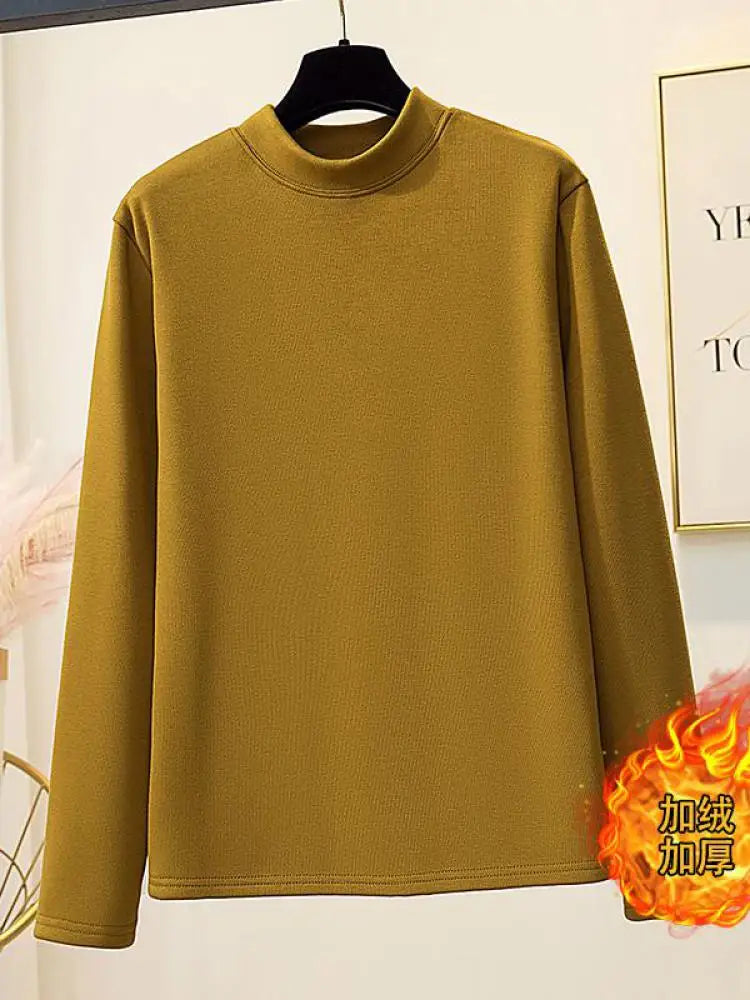 Korean Version New Black Brown Velvet Cotton Round Neck T Shirt Autumn Winter Women Yellow Slim Long Sleeve Plus Size Tops Thick