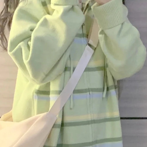 Load image into Gallery viewer, Y2k Aesthetic Stripe Hoodes Cardigans Double Zipper Women Casual Knitwear Harajuku Ladies Jacket Vintage Loose Grunge Sweater
