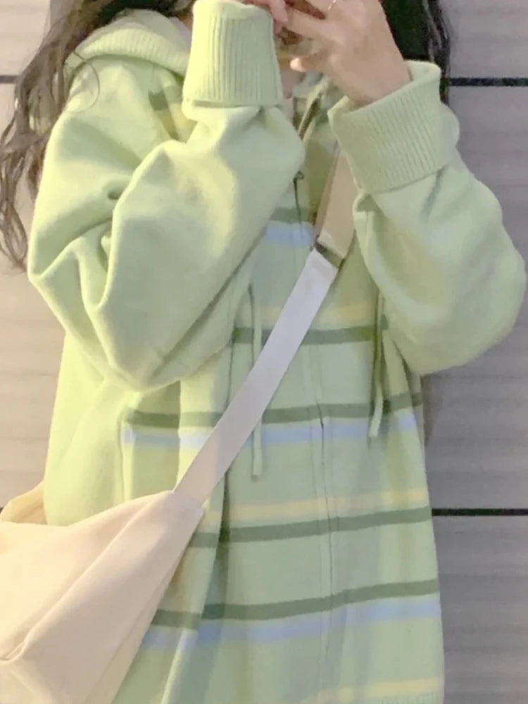 Y2k Aesthetic Stripe Hoodes Cardigans Double Zipper Women Casual Knitwear Harajuku Ladies Jacket Vintage Loose Grunge Sweater