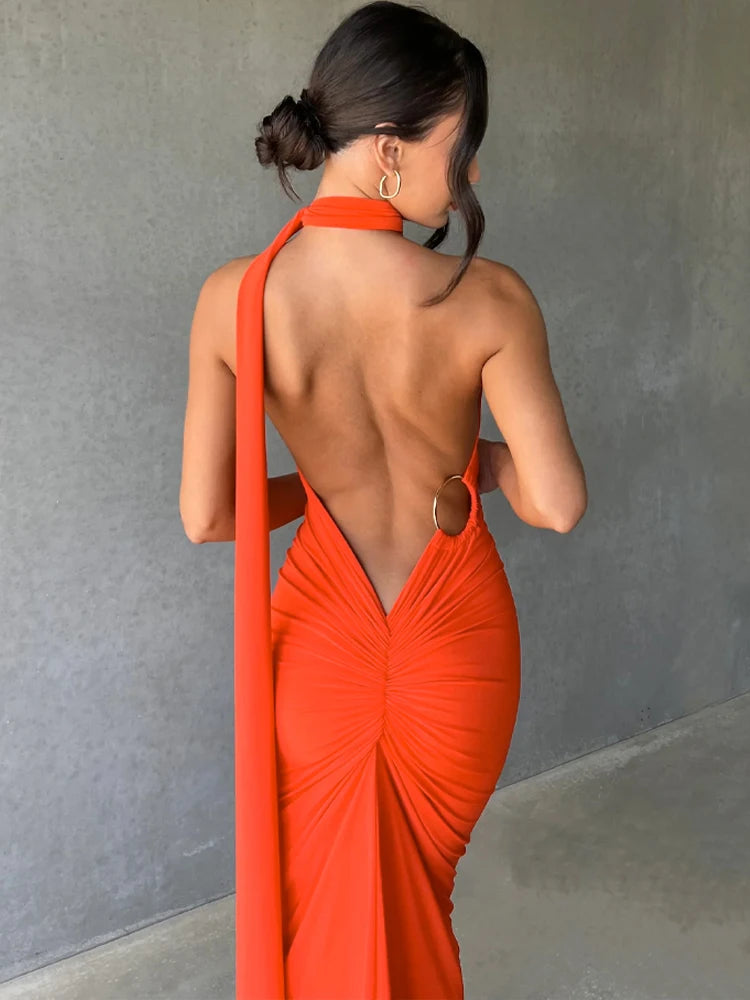 One Shoulder Backless Adjustable Scarf Loop Ruched Sexy Maxi Dress 2025 Women Elegant Y2K Streetwear Festival Outfit