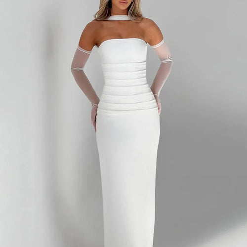 Load image into Gallery viewer, Strapless Backless Sexy Maxi Dress For Women Burgundy Mesh Sleeve Off-shoulder Bodycon Club Party Evening Long Dress
