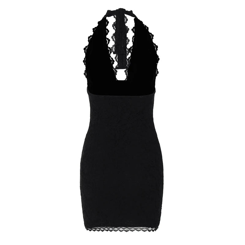 Lace Halter Sexy Mini Dress For Women Robe Off-shoulder Deep V Neck Sleeveless Backless Skinny Club Party Dress Robe