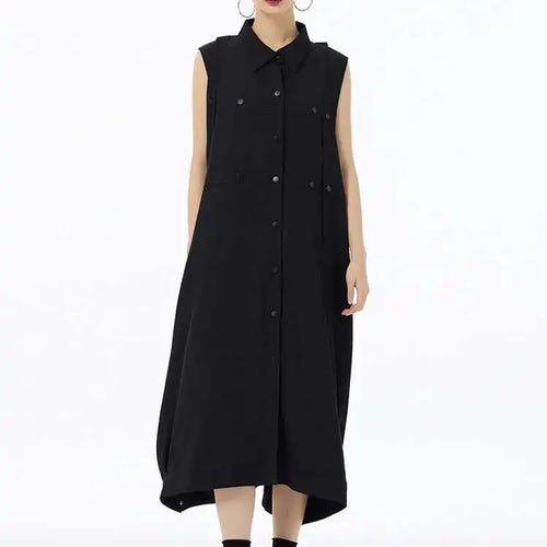 Load image into Gallery viewer, Women Army Green Button Big Size Midi Casual Shirt Dress New Lapel Sleeveless Fashion Tide Spring Summer 2025  1DH6614
