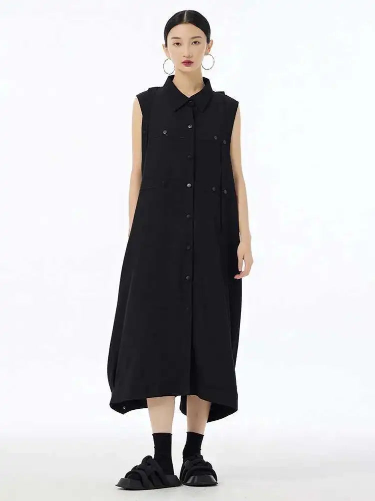 Women Army Green Button Big Size Midi Casual Shirt Dress New Lapel Sleeveless Fashion Tide Spring Summer 2025  1DH6614