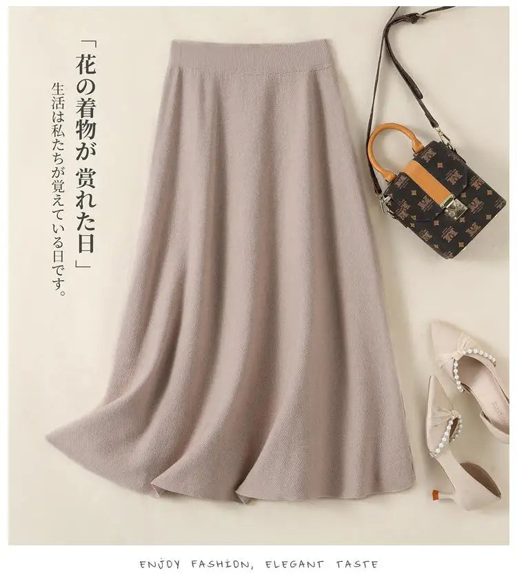 Korean Fashion 2024 Autumn Winter Ladies New Solid Elegant High Waist Pleated Long Skirt Women Simplicity Knitted Cotton Skirts